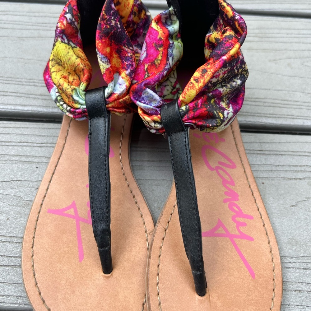 Rock & Candy Multicolor Floral Scarf Wrap Thong Sandals with Black Trim